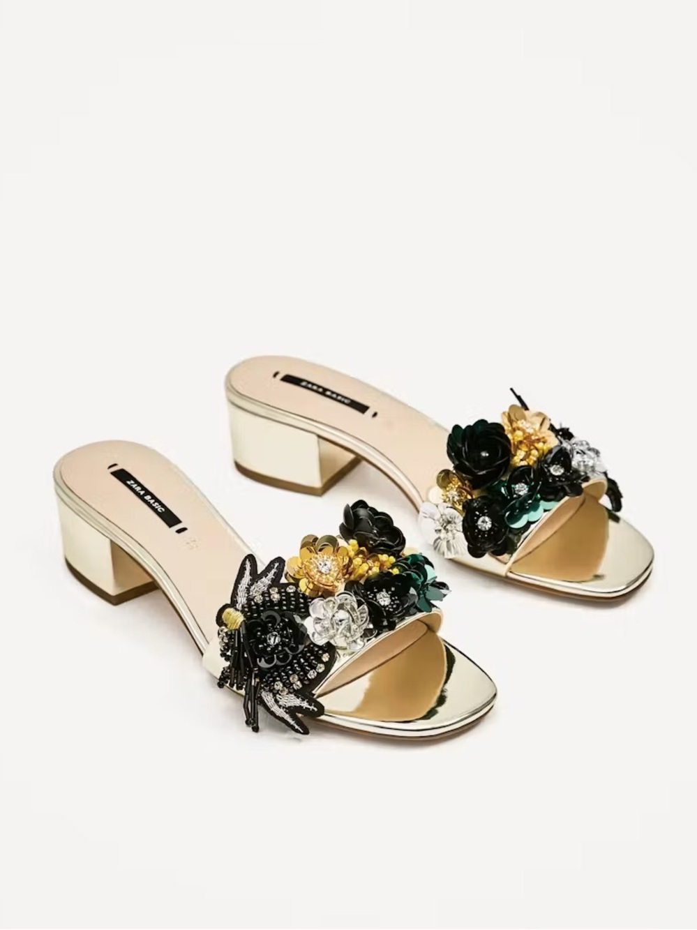 Zara NWT Beaded Vamp and Heel Sandals Gold metallic silver sequin floral SIZE 6